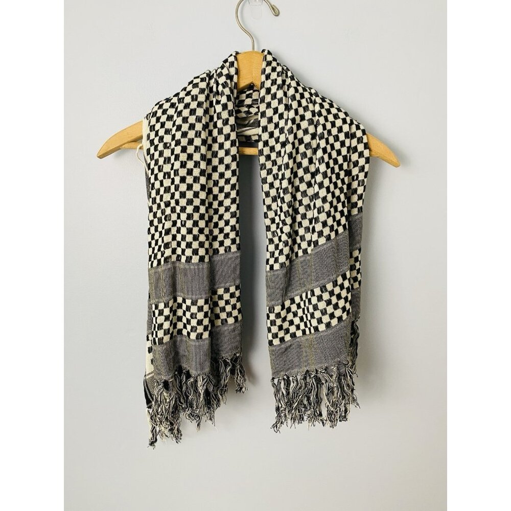 Anthony Morato Cotton Scarf Checkerboard Print Black & White Fringe Ends